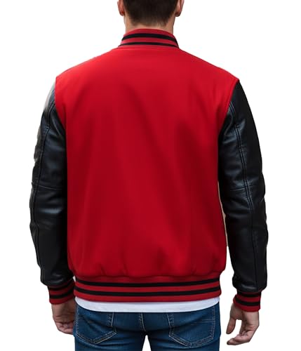 Image of Men's College Highschool Style Wool Bomber Jacket | Casual Winter Varsity Letterman College Leather Jacket, Red & Black