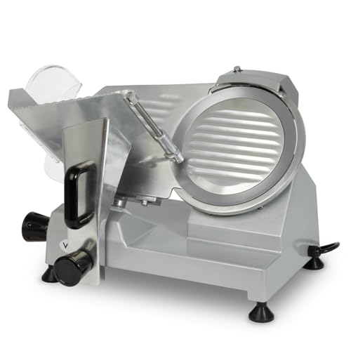 VERTES Affettatrice Elettrica Professionali con 220mm Coltello Diametro e 120 Watt, 0-12 mm di Spessore di Taglio, Interruttore di Sicurezza, Piedini in Gomma Antiscivolo, Pietra per Affilare