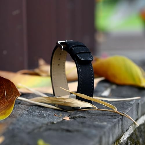 WOCCI 22mm Retro Leather Watch Strap for Men and Women, Quick Release Replacement Band with Silver Buckle (Black)