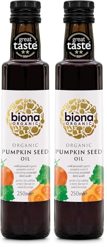 Image of Biona Organic Pumpkin Seed Oil 250 ml - Great Taste Award 2024 Winner - Cold Pressed from Organic Pumpkin Kernels - Versatile for Salads, Soups, drizzling - Dairy Free & Vegan (Pack of 2)