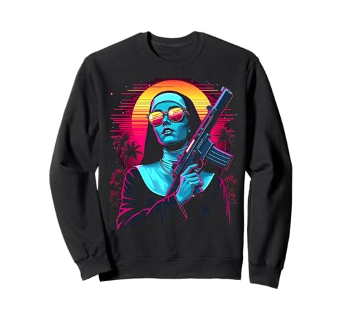 Nun with a Gun: Holy Firearm Retro Synthwave Graphic Sweatshirt