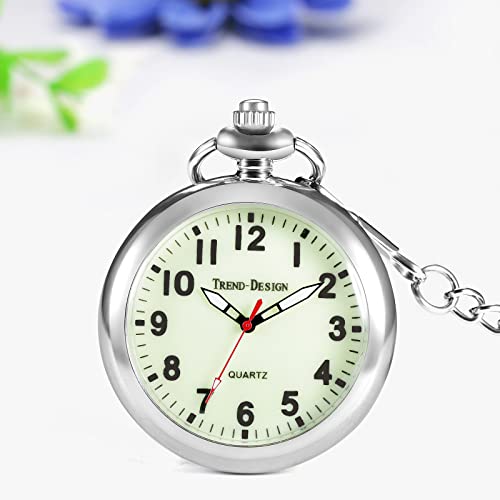 JewelryWe Taschenuhr Herren Damen Klassische Grün Leuchtendes Zifferblatt Analog Quarz Uhr mit Halskette Taille Kette Silber Geschenk – Bild 6