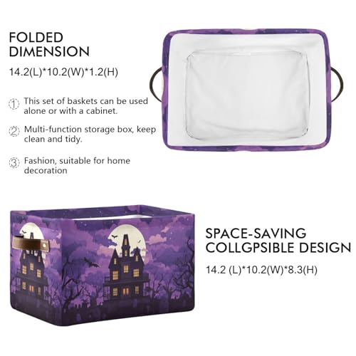 Image of Aslsiy Storage Basket Spooky Castle Halloween Moon Nursery Bins Purple Baby Box Canvas Clothes Shelf Basket Laundry Hampers 2 Pcs