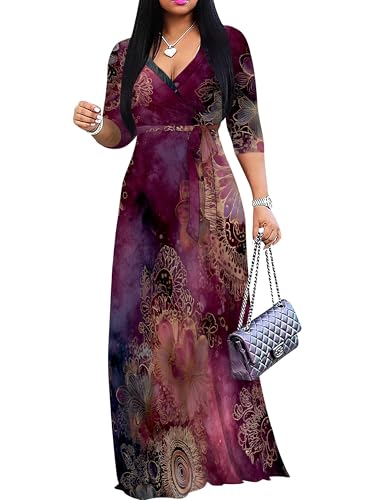 Image of PinkPatty Plus Size Maxi Dresses for Women Casual Flowy Long Dress 3 /4 Sleeve V Neck Wrap Dress with Belt