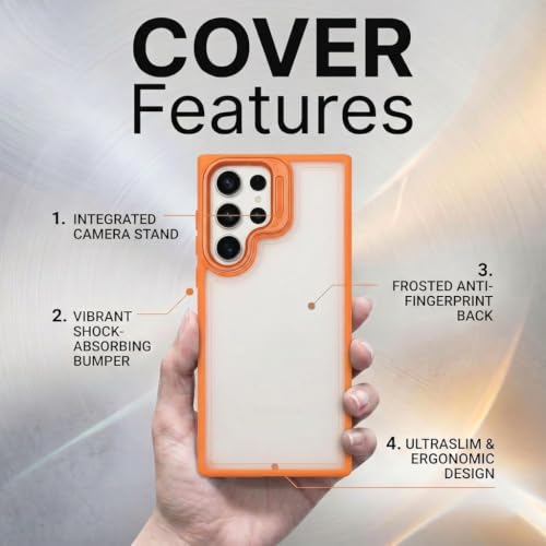 Image of amazon basics Frosted Matte Case for Samsung Galaxy S23 Ultra 5G | Built-in Flip-Out Camera Lens Stand | Translucent Back with Contrast Orange Bumper | Foldable Kickstand