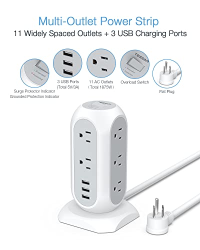 15 Ft Extension Cord Tower Power Strip, 11 Outlets 3 Usb Chargers, Tessan Surge Protector With Multi Plug Outlet 1875W/15A, Flat Plug, Office Supplies, Desk Accessories, School Dorm Essential #TOP2