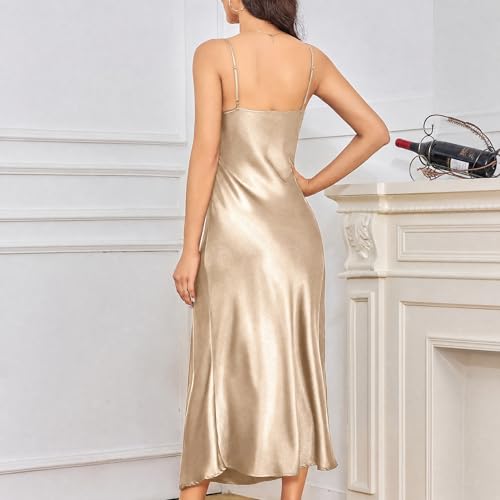 Image of ALCEA ROSEA Women's Long Satin Slip Dress Nightgowns Sexy Lingerie Adjustable Strap Midi Dress Silky Gown V Neck Under Dress