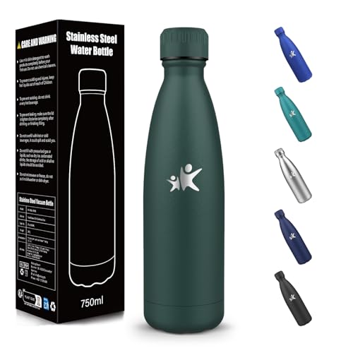 Botella Agua Acero Inoxidable, 750 ml Libre de BPA, Botella Termica, 304 Acero Inoxidable, Botellas Agua, Aislamiento al Vacío de Boble Pared, Cantimplora Isotermica para Gimnasio - Verde militar