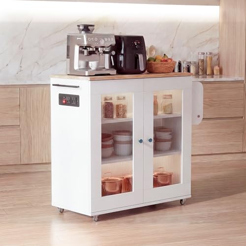 Image of Rocco Walky Kitchen Island Storage Cabinet with Wheels, Solid Rubber Wood Top, Fluted Acrylic Doors, Built-in Power Sockets & LED Lights, Soft-Close Hinges & Side Organizer (White, Medium Size)