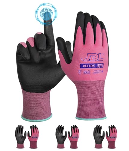 JDL 3 Pairs Microfoam Nitrile-Coated Nylon Work Gloves for Women & Men, Touchscreen Safety Gloves, Lightweight & Breathable with Durable Grip for Construction, Warehouse, Mechanics, Pink, Medium