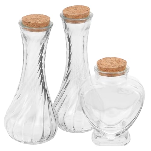 IMIKEYA Juego de 3 botellas de cristal para ceremonia de arena de boda con tapa de corcho, mini botellas de deseos para parejas recién casadas, tarro en forma de corazón incluido, 130 ml