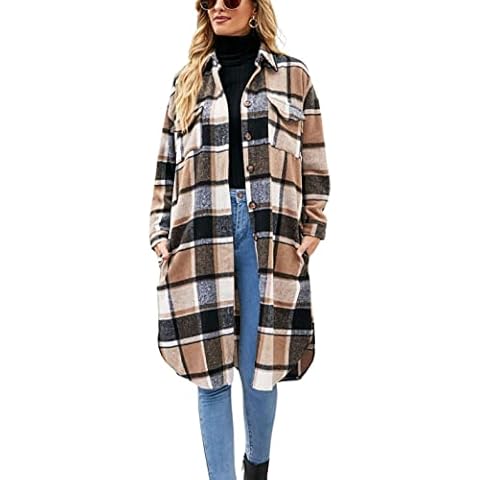 Unilexi Womens Casual Long Plaid Shirt Jacket Loose Lapel Collar Long Sleeve Flannel Cardigan Shacket, Khaki, x-Large Cover