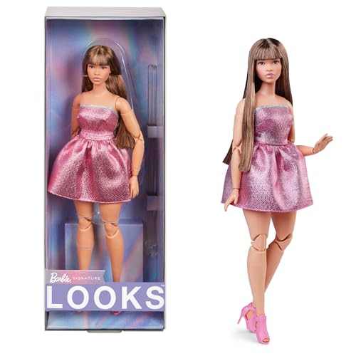 Barbie Looks Muñeca de colección articulada con Pelo castaño con Vestido Rosa Brillante años 2000, Juguete Signature de Moda +16 años (Mattel HRM16)