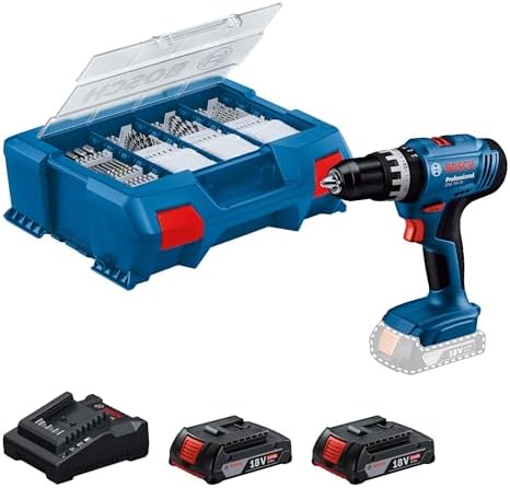 Bosch Professional 18V System Akku Schlagbohrschrauber GSB 18V-25 (max. Schrauben-Ø: 10 mm, inkl. 2x GBA 2.0 Ah, GAL 18V-20, 63-tlg. Zubehör-Set, L-Case Pick & Click)