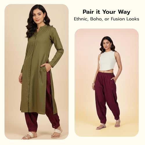 Image of Happy Bunny Women's Cotton Afghani Salwar with Lace Embroidery Detailing - Elastic Waist, Comfortable Loose Fit Bottoms for Casual, Ethnic