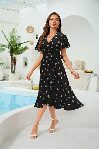 Image of Women's Summer Floral Wrap Dress Casual Boho Printed V Neck Short Sleeve Ruffle Flowy Beach Midi Dresses with Pockets