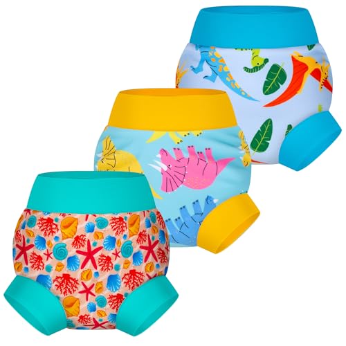 BIG ELEPHANT Baby Swim Diapers 3-Pack – Reusable Waterproof Swim Pants for Boys and Girls, Soft Breathable Swimwear for Pool