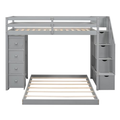 image for Merax Twin Over Full Bunk Bed Frame with 3-Layer Shelves,4 Drawers and