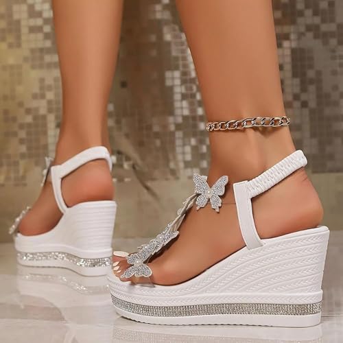 Women's High Heel Wedge Sandals Platform Fashionable Butterfly Decoration Rhinestones Cute Slides Sandals Platform Elastic Strap Boho Summer Beach3