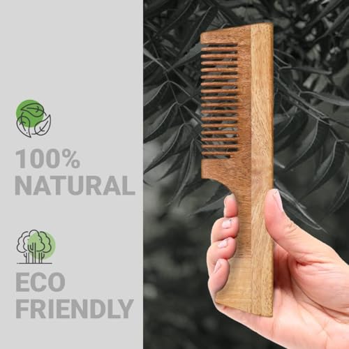Image of Rusabl Kacchi Neem Wooden Comb (Fine & Wide Tooth), Dual Tooth Design, 100% Pure Neem Wood, No Handle, For Men & Women, Ideal for Detangling, Frizz Control & Shine, Suited for All Hair Types