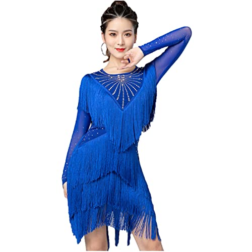 ZYDANC Blue,L,Fringe Salsa Cha Cha Dancewear Women's Latin Performance Dance Dresses Long Sleeves Tango Ballroom Costumes