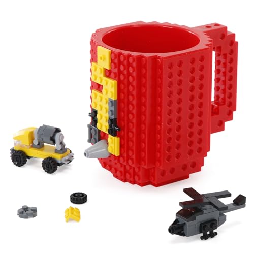 GNEGNI LIFE Building Blocks Mug Build-on Brick Coffee Mug Set 350ml with 3 Random Packs of 2-in-1 Bricks - Fun Gift for Men Dad Boys Girls for Christmas & Birthdays (Red)