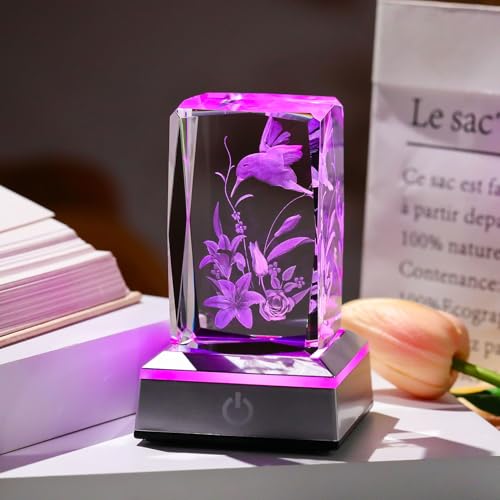 Image of 3D Hummingbird Mothers Day Gifts for Mom Women Glass Figurines Crystal Humming Bird Lily Flower Statue Home Decor with Light Base, Present for Nature Lovers on Birthday Christmas