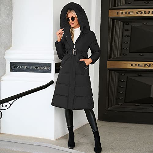 Manteau col en peluche noir XXL pour femme avec ceinture et fermeture éclair