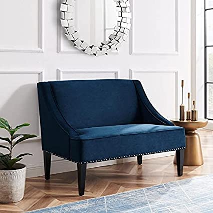 WOODENYA Clare Rectangular 2 Seater Bench Velvet Grey Upholstered Swoop Arm Sofa Bench Size (50" L×22" D×32" H) for Home (Navy-Blue)