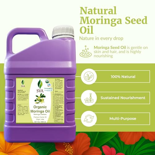 Image of SVA Organic Moringa Seed Carrier Oil, Large Size, 32 Fl Oz (946 ml) | Moringa Seed Oil for Face Care, Skin Care, Facial Oil, Hair Care, Scalp Massage, Body Massage, Dilution & DIY Beauty Blends