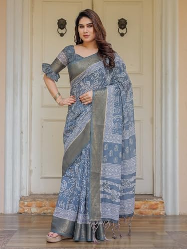 Image of ALMAARI FASHION Floral Printed Cotton Saree for Women with Handloom Zari Weave, Traditional Lightweight Ethnic Saree for Wedding Festive Office Party with Blouse Piece (LINEN 81-90 SH)