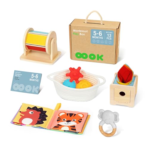 Image of OOOK Montessori Toys for Babies 0-6 Months, All-in-1 Newborn Toys with Baby Tissue Box Toy, Spinning Drum, Sensory Balls with Storage Basket, Cloth Book and Elephant Teether.