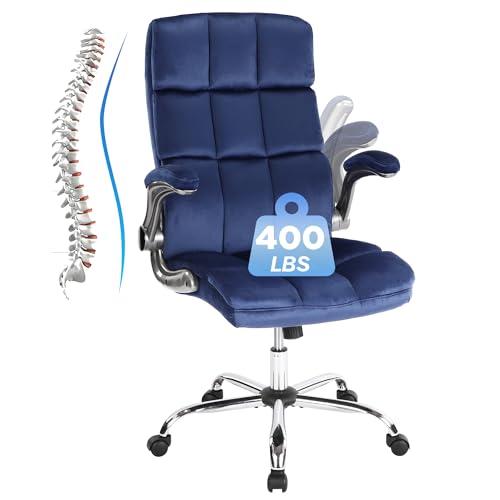 Comermax Comfy Blue Office Chair with Flip up Arms for Women, Height Adjustable Fabric Swivel Rocking Chair, Velvet Office Desk Chairs Makeup Vanity Chair with Back and Wheels