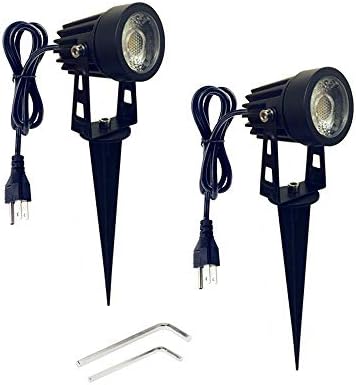 Onerbuy Bright Outdoor LED Landscape Lighting 5W COB Garden Wall Yard Path Lawn Light Lamp with Spiked Stand and Power Plug, Pack of 2 (Mini - Cool White)