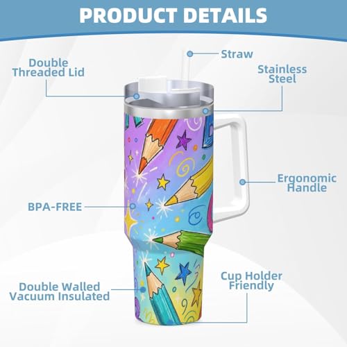 Vaso aislado Pencil Rainbow Dance de 40 oz con asa, el regalo perfecto para tus viajes en coche 7