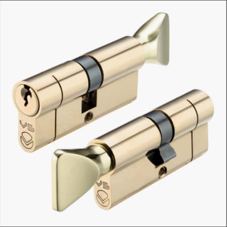 Kooples Hardware Polished Brass V5 Euro Profile Cylinder and Turn – 5-Pin Thumbturn Lock – Brass Core Barrel - Fixings Included (Euro - Keyed to Differ (E), 45/35mm)
