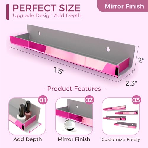 Image of 4 Pack 15 Inch Pink Reflective Acrylic Floating Wall Shelves