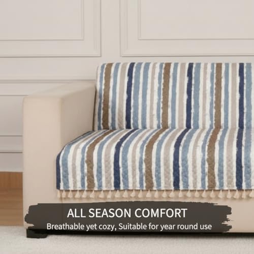 Image of STITCHNEST Quilted Velvet Sofa Cover with Tassels - 48x60 Inch, Blue & Beige Striped Pattern, Soft & Modern, Washable Sofa Protector for 2-Seater