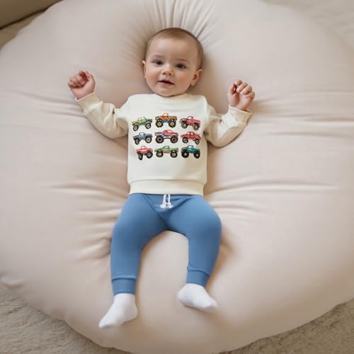Baby Boy Autumn Clothes SetRetro Truck Print Long Sleeve Sweatshirt Trousers Toddler Boys Winter Outfits (Beige, 12-18 Months) - Image 2