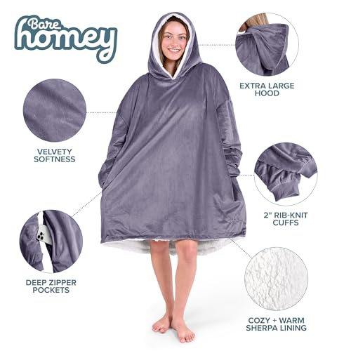 Image of Bare Home Wearable Blanket Hoodie - Soft Plush Sherpa - Warm and Cozy - Oversized Wearable Blanket