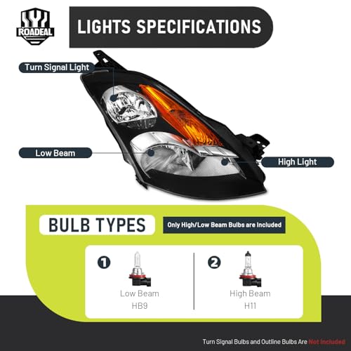 Image of Headlights for 2007-2009 Nissan Altima 4DR Sedan | Halogen Headlamp Replacement with High Low Beam Bulbs, Black Housing, Driver & Passenger Side
