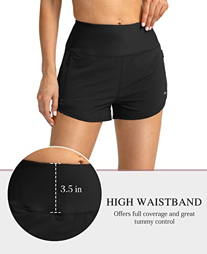 Obla Women's High Waisted Swim Board Shorts With Zipper Pockets Upf50+ Quick Dry Beach Shorts For Women With Liner(Black_M) #TOP2