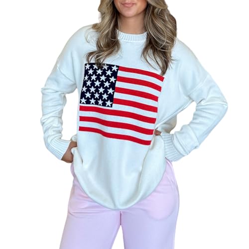 Image of Womens American Flag Sweater Long Sleeve Crew Neck Star Graphic Knit Pullover Tops Casual Loose USA Sweater