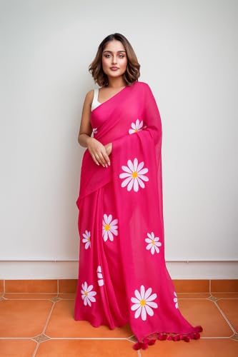 Image of Lilan Cotton Saree with White Daisy Floral Prints Tassel Pallu Lightweight Summer Saree