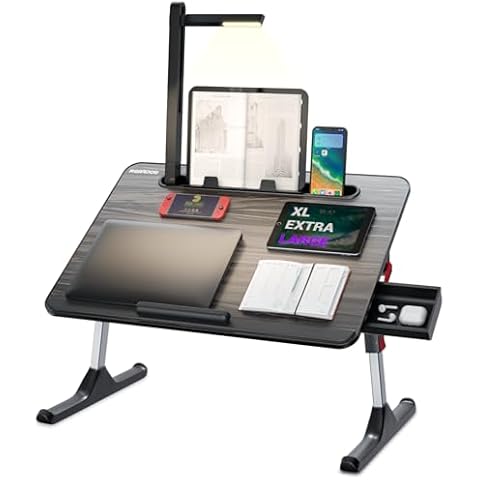 NEARPOW Laptop Desk for Bed with LED Light, Adjustable Foldable Bed Table Lap Desk,Computer Tray Laptop Stand with Book Stand,Wrist Rest, Storage Drawer for Adults Kids Writing Work Study Couch Floor Cover