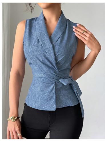 GORGLITTER Women's Denim Bow Wrap Blazer Suit Vest Jeans Collared Shirt Sleeveless Blouses4