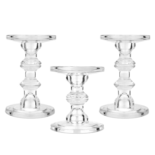 CHILL RECIPE Glass Candle Holder Set of 3 Big Heavy Tall Crystal Candlestick Holder for Pillar Candles Taper Candles Christmas Decoration Wedding Table Dinning Church Centerpiece