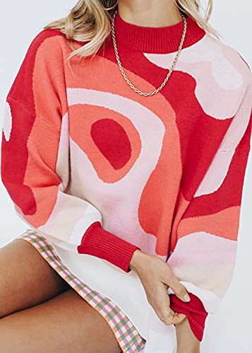 Image of MISSACTIVER Women Casual Knitted Mock Neck Sweater Print Colorblock Long Sleeve Loose Fit Pullover Knitwear