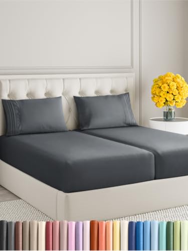 Image of Split King Size 5 Piece Sheet Set - Soft & Cooling Bed Sheets - Slate Blue | Fits 8 Inch to 16 inch Mattress, Wrinkle Free & Fade Resistant with Deep Pockets, Breathable, Comfy Hotel Luxury Bedding
