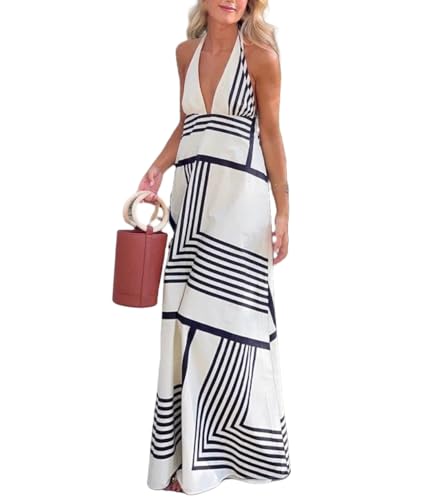 Women White Black Stripe V-Neck Sleeveless Backless Zipper Beach Style Long Dress